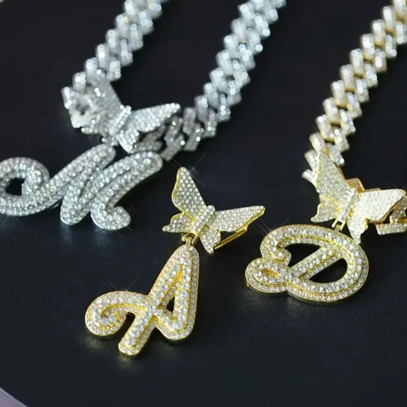 Gold Butterfly Letter Cuban Link Chain Necklace Hip Hop Street Fashion Letter M - Picture 3 of 4